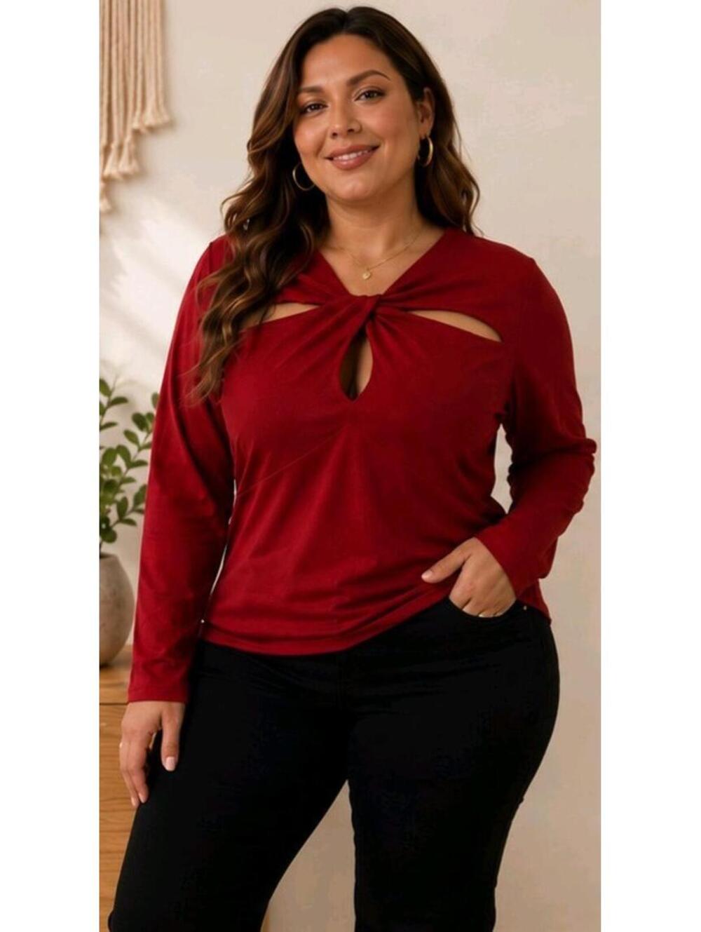 Bold Elements Red Twist Front Cutout Top Plus XL Long Sleeve Stretch